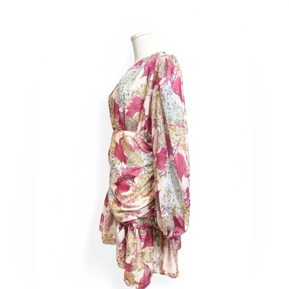 Floral V Neckline Cuff Sleeves Ruffle Skirt Chiffon Mini Dress Women Size Medium - Picture 6 of 8